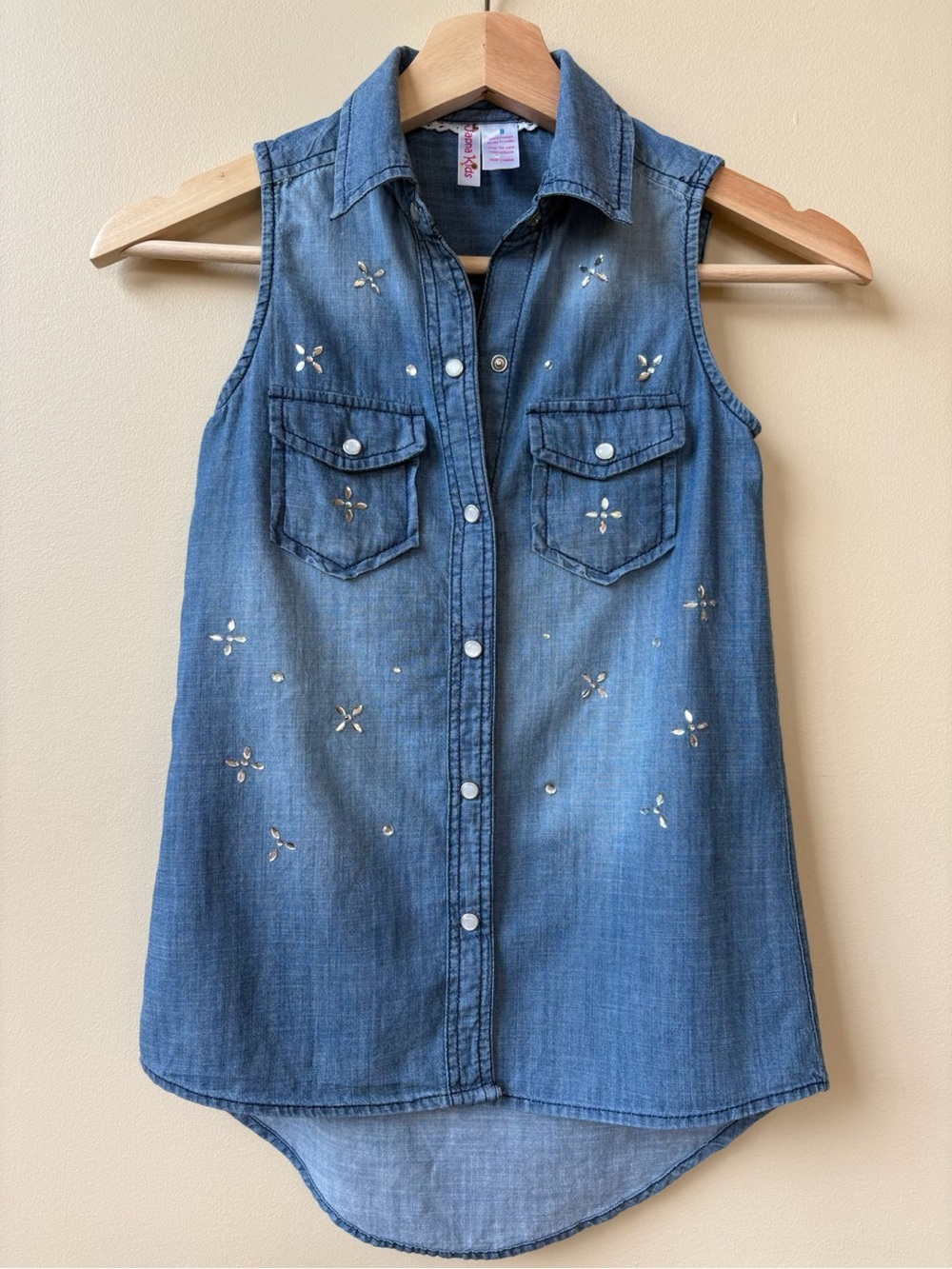 Japna Kids - Sleeveless Denim Shirt Top with Studded Embroidery - Girl's Size 8